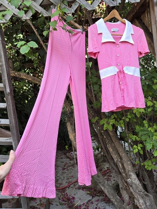 Vintage Pants - Vintage 60s Pink Polka Dot Two-Piece Set Pants & Top xs